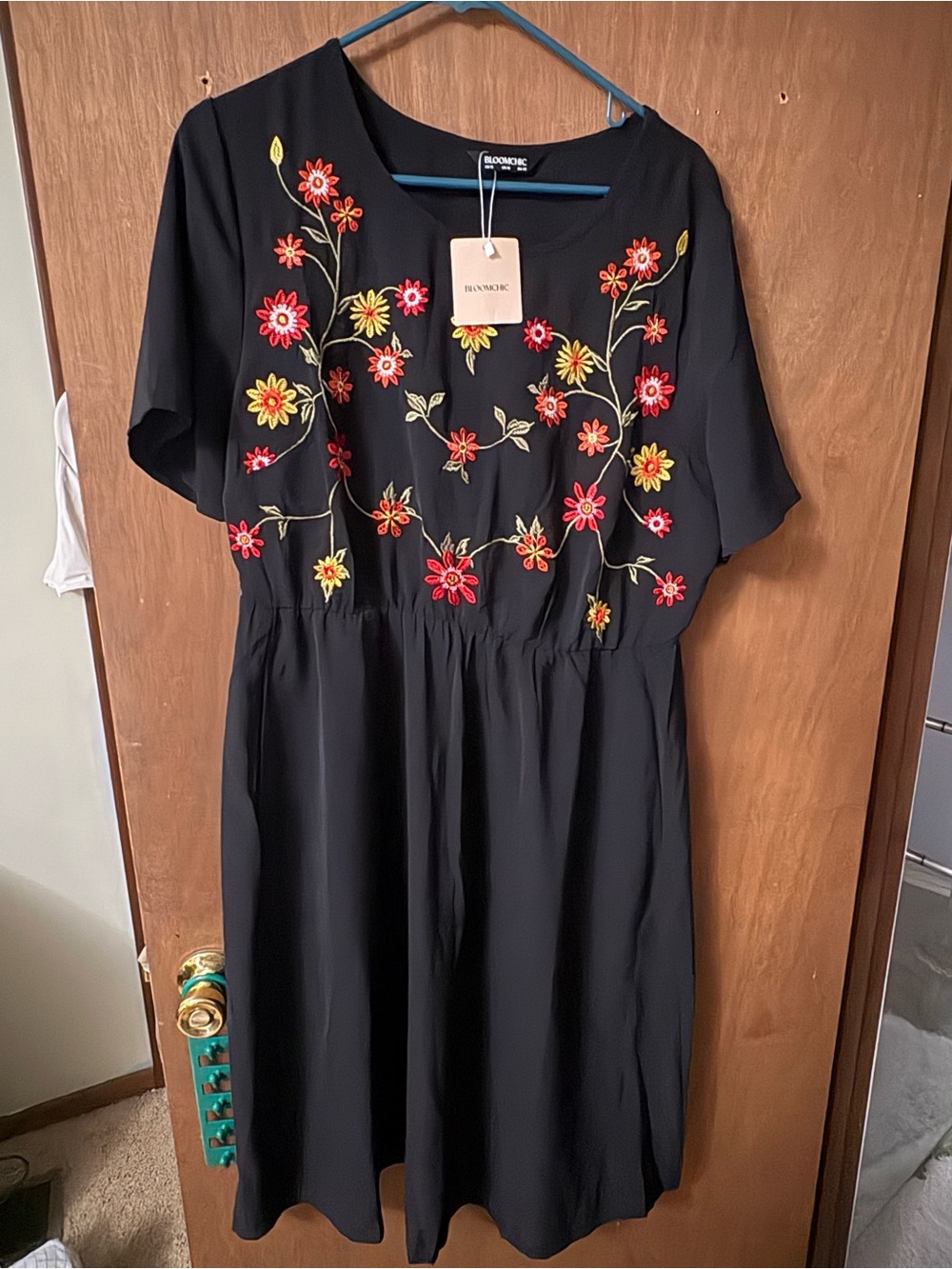 BloomChic Black Midi Dress with Red & Yellow Floral Embroidery